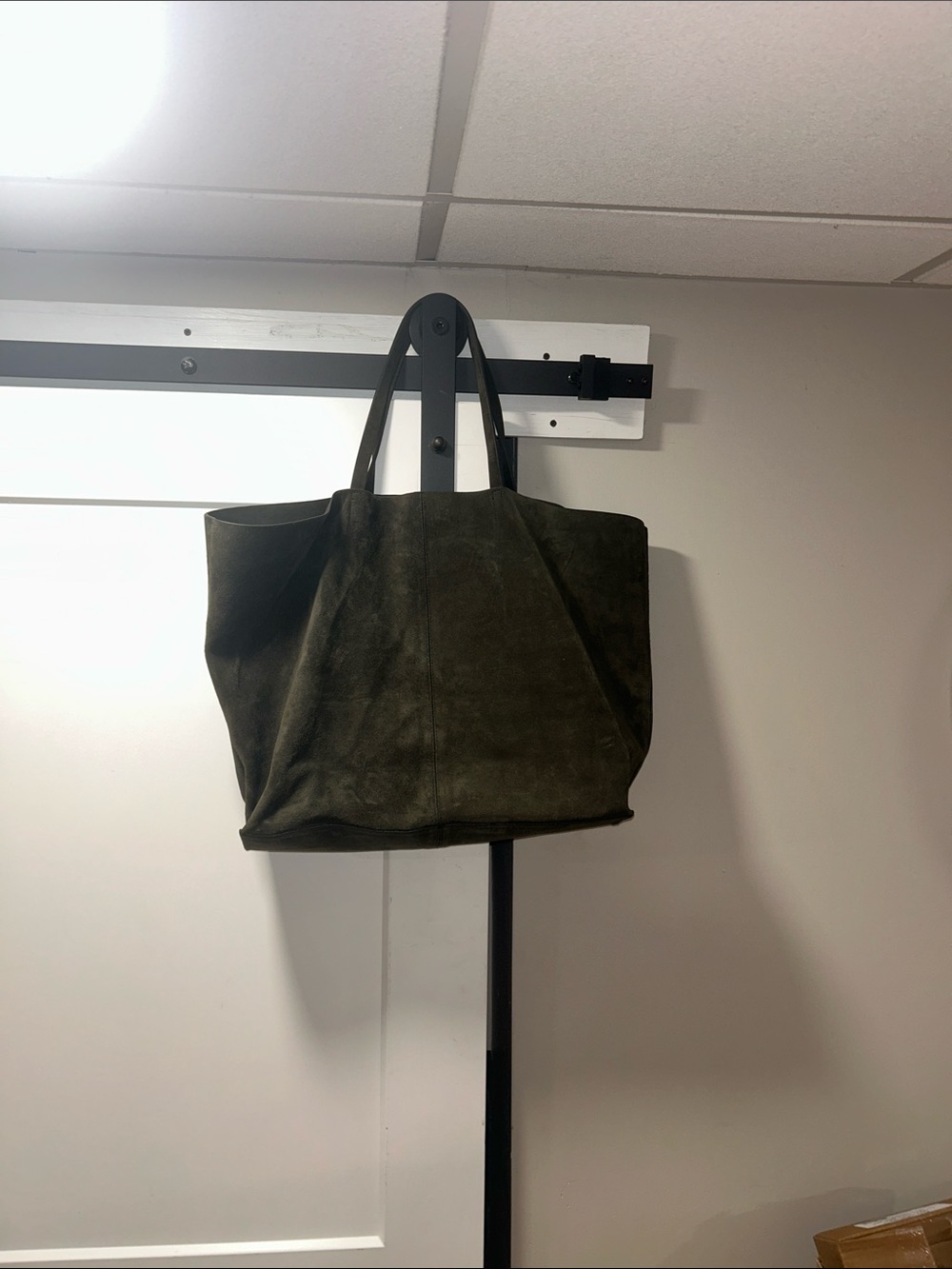 Zara Olive Suede Travel Tote with Dark Handles